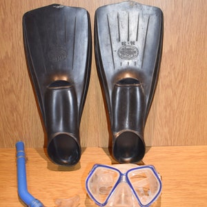 Vintage swimming equipment, Old swimming glasses (diving mask), Old fins, Rubber fins, Fins,Size: EU 36 - 38, Old snorkel,Swimming equipment