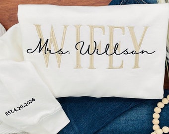 Custom Mrs. Embroidered Sweatshirt, Personalized Bride Gift, Date On Sleeve