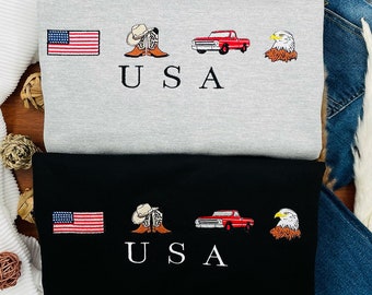 USA Embroidered Sweatshirt, United States, America, Crewneck, Flag, Cowboy Boots, Cowboy Hat, Cowgirl, Truck, Jeep, Eagle, Patriot, July 4th