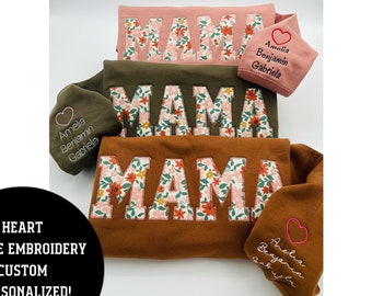 Custom Embroidered Mama sweatshirt Floral Applique Sweatshirt | Sleeve personalized Mama Pullover, Gift for Mom, Tone stitching Floral