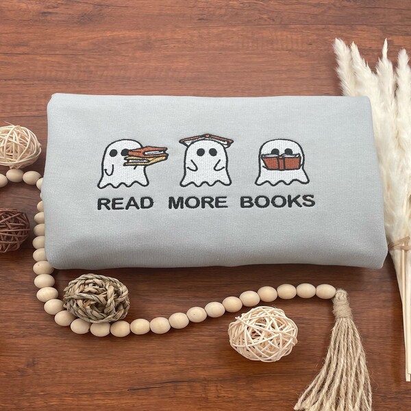 Sweatshirt met geborduurd spook, Lees meer boeken, Spooky Season ronde hals