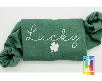 Lucky Embroidered Sweatshirt, Clover embroidery, St Patricks Day Sweatshirt, Saint Patrick&#39;s Pullover, Clovers, Simple Holiday Sweater,