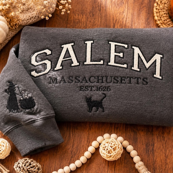 Salem Massachusetts Sweatshirt, Hokus Pokus Halloween, Herbst Besticktes Sweatshirt, Gruseliges Rundhalsausschnitt, Bestickte Ärmel Hexe