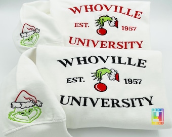 Christmas Sweatshirt, Whoville University Embroidered Sweatshirt, Christmas Embroidery Sweatshirt, Christmas Crewneck, Cute Sleeve