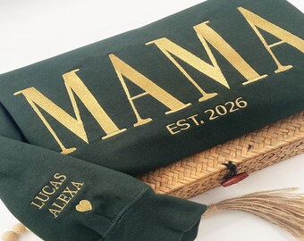 Sudadera personalizada bordada para mamá, regalo personalizado para mamá primeriza, nombre en la manga con el año de fundación.