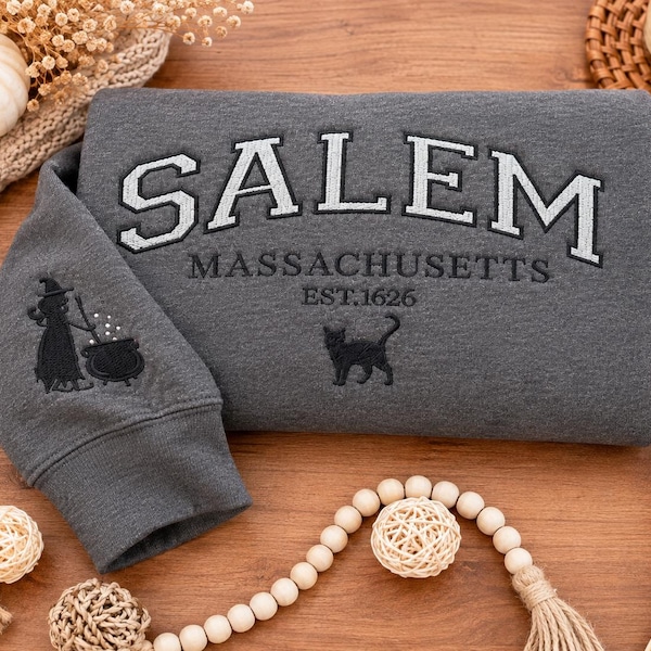 Salem Massachusetts tröja, Hocus Pocus Halloween, broderad hösttröja, rund halsringning med kuslig säsong, broderad häxärm