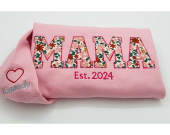 Custom Embroidered Mama sweatshirt Floral Applique Sweatshirt | Sleeve personalized Mama Pullover, Gift Mom, Floral, Est year customizable