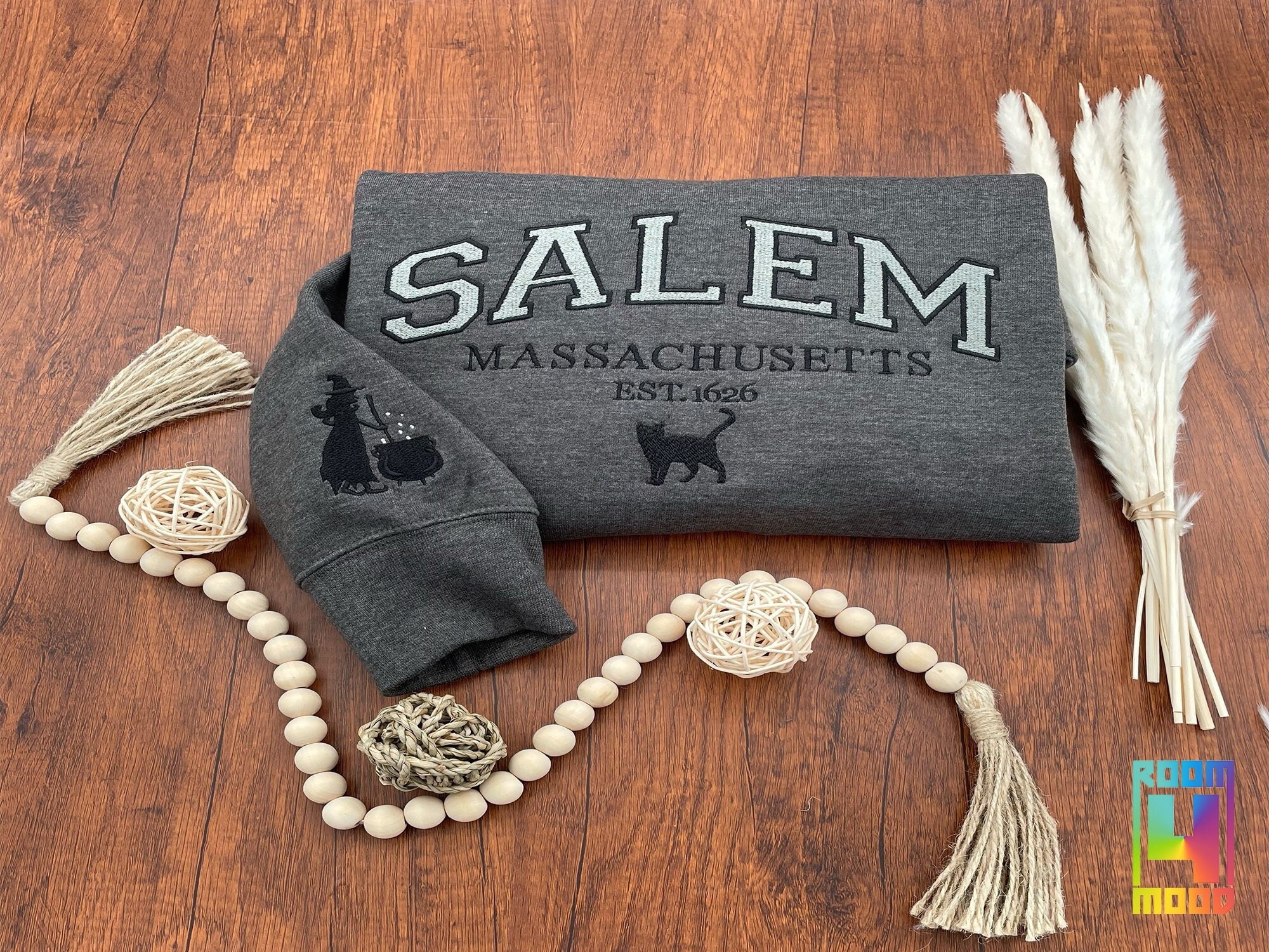 Salem Massachusetts sweatshirt, Hocus Pocus Halloween, Fall Embroidered Sweatshirt, Spooky Season Crewneck, Embroidered Sleeve witch