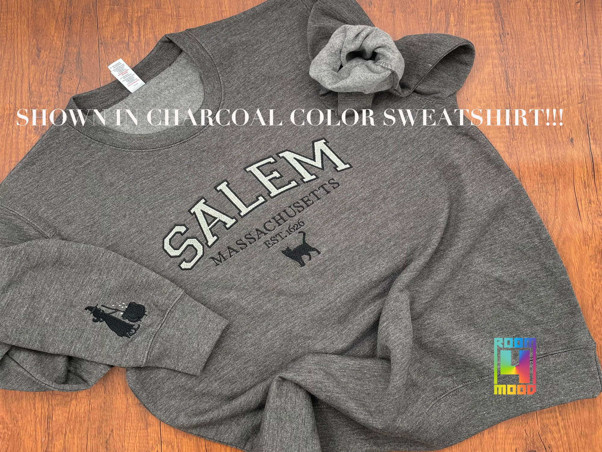 Salem Massachusetts sweatshirt, Hocus Pocus Halloween, Fall Embroidered Sweatshirt, Spooky Season Crewneck, Embroidered Sleeve witch