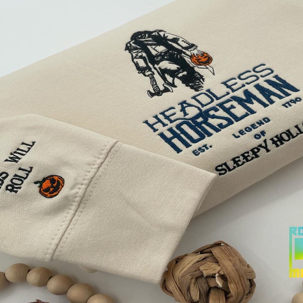 Geborduurd sweatshirt ruiter zonder hoofd, Sleepy Hollow Halloween-ronde hals