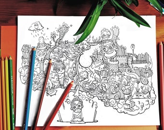 May include: A black and white line drawing of a whimsical doodle scene with a variety of characters and objects. The scene includes a cloud with raindrops, a tree, a castle, and a variety of other creatures and objects.