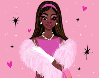 Black Barbie A3 Print - Barbie Pink - Rahana Banana - Black Woman Barbie Illustration