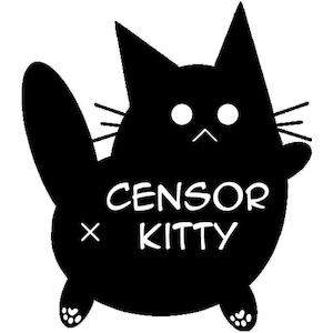 May include: Black and white illustration of a cat with a sad face. The text "CENSOR KITTY" is below the cat. There are two paw prints at the bottom of the image.