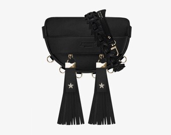 Lady Bag with ADJUSTable Style & Functions > Black Boho Bag + Fringes + Triangle Bag Strap > Crossbody Leather Bag for Woman Custom LUNA bag