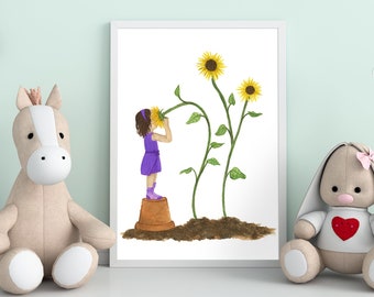 Kleines Mädchen duftende Sonnenblume Aquarell Malerei Kunstdruck