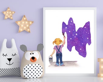 Kleines Mädchen Gemälde Stern Galaxie Aquarell Malerei Kunstdruck