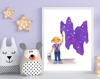 Little girl Painting Star Galaxy Watercolor Painting Art Print