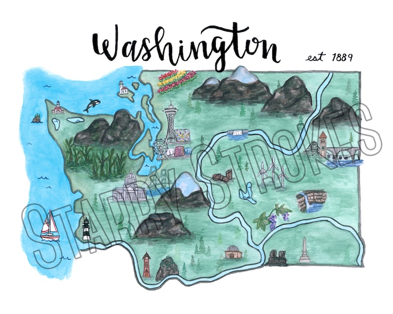 Washington State Map Art Print Watercolor Painting - Etsy