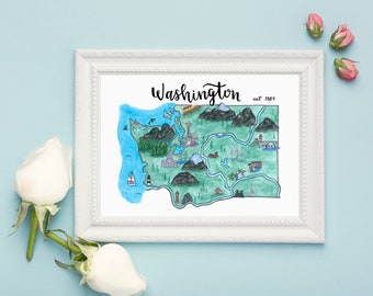 Washington State Map Art Print Watercolor Painting