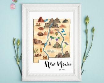 New Mexico State Map Art Stampa Acquerello Pittura