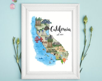Kalifornien State Map Kunstdruck Aquarell Malerei