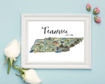 Tennessee State Map Art Print Watercolor Painting