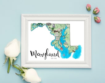 Maryland State Map Art Print Watercolor Painting