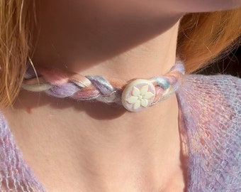 Princess Braid Choker II | Braided Bamboo and Wool Yarn Necklace with a Czech Glass Flower and Ribbon