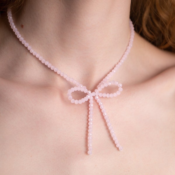 Beaded Bow Necklace | Blush Pink | Jewelry Gift for Her