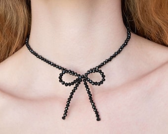 Beaded Bow Necklace | Black Necklace | Valentine's Day Jewelry Gift for Her