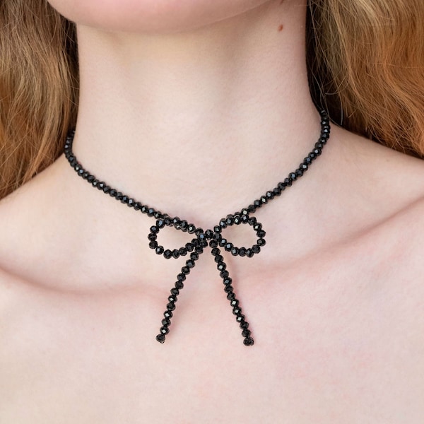 Beaded Bow Necklace | Black Necklace | Valentine's Day Jewelry Gift for Her