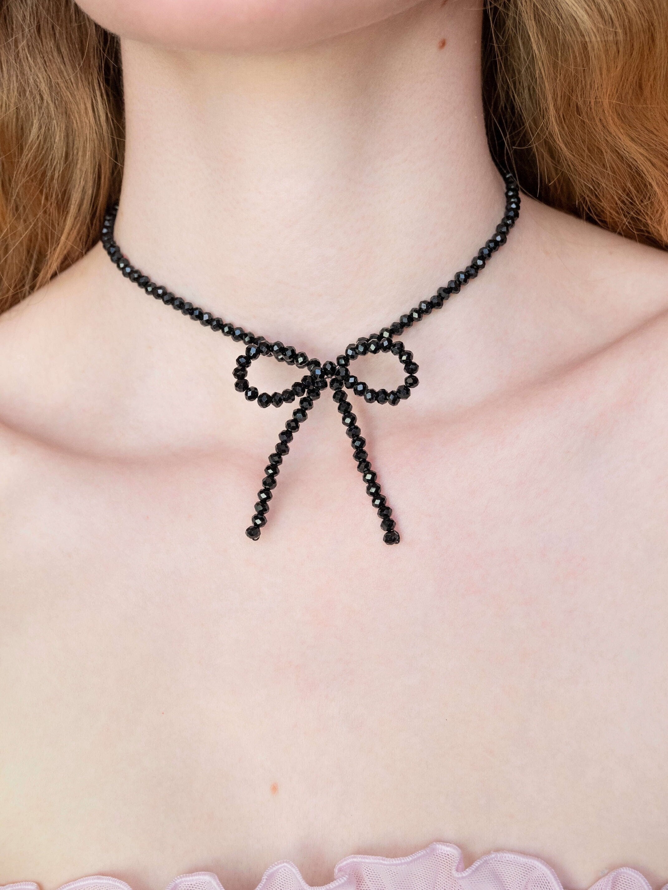 Cute Coquette Beaded Bow Necklace 