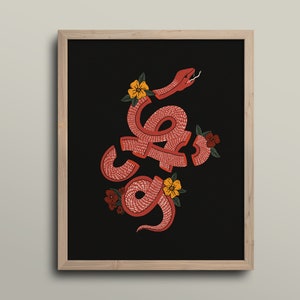 Snake and Botanical Traditional Tattoo Inspired Art Print