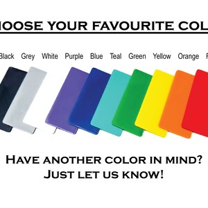Pu&ograve; includere: Una selezione di rettangoli colorati, tra cui nero, grigio, bianco, viola, blu, verde acqua, verde, giallo, arancione e rosso. Il testo "CHOOSE YOUR FAVOURITE COLOR" &egrave; in alto nell'immagine. Il testo "HAVE ANOTHER COLOR IN MIND? JUST LET US KNOW!" &egrave; in basso nell'immagine.