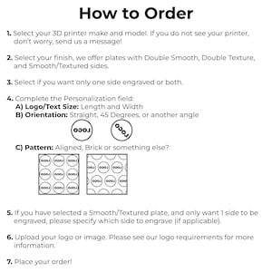 Pu&ograve; includere: Una guida alle istruzioni intitolata How to Order per piastre di stampanti 3D. Elenca sette passaggi che coprono la selezione della stampante, le opzioni di finitura, i lati di incisione, i dettagli di personalizzazione come dimensioni del logo, orientamento e motivi.