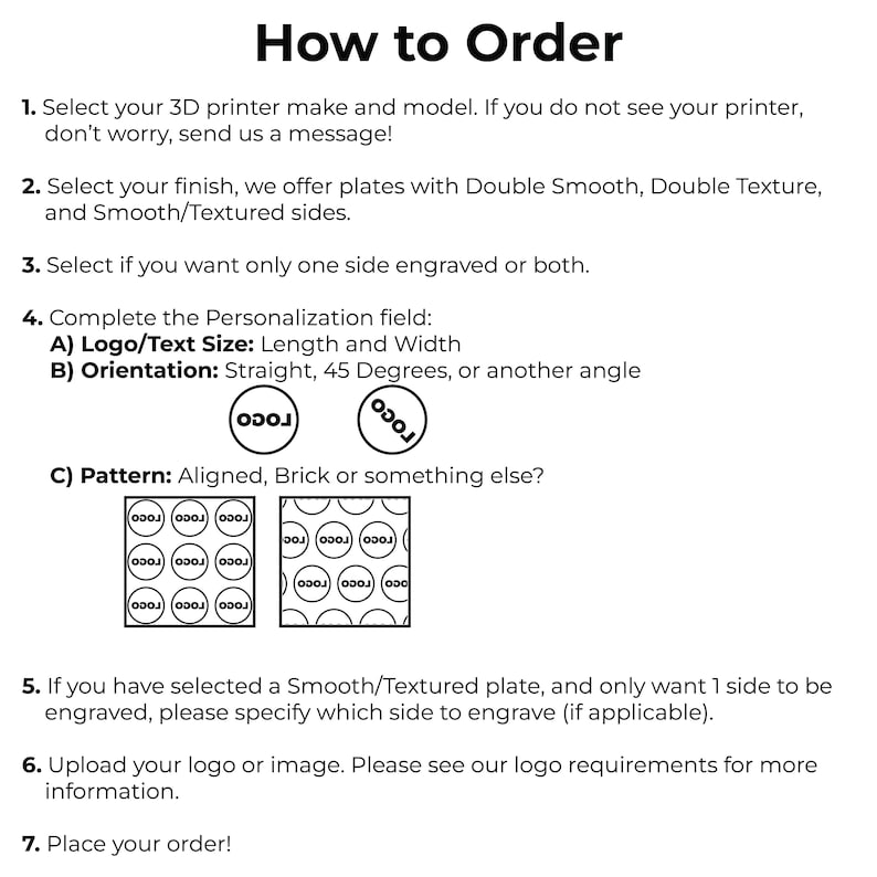 Pu&ograve; includere: Una guida alle istruzioni intitolata How to Order per piastre di stampanti 3D. Elenca sette passaggi che coprono la selezione della stampante, le opzioni di finitura, i lati di incisione, i dettagli di personalizzazione come dimensioni del logo, orientamento e motivi.