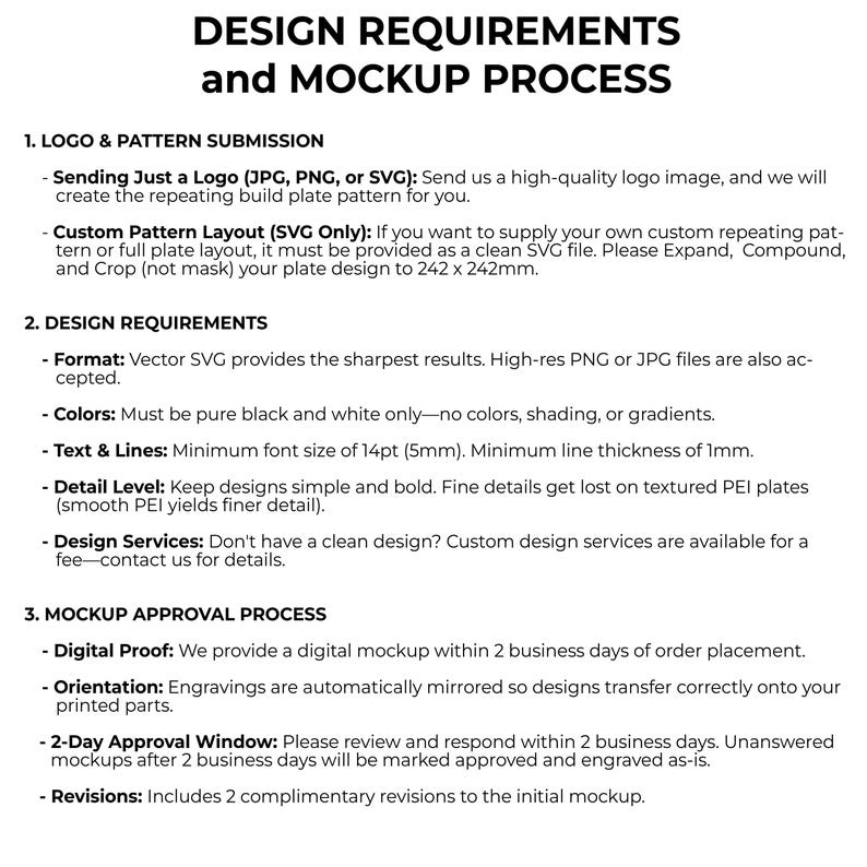 Pu&ograve; includere: Un documento informativo bianco intitolato DESIGN REQUIREMENTS and MOCKUP PROCESS in testo nero. Descrive tre sezioni: Logo & Pattern Submission, Design Requirements e Mockup Approval Process, dettagliando formati e specifiche tecniche.