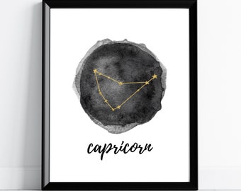 Capricorn Zodiac Print: Gold Constellation, Black Watercolor (Digital Download)