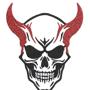 May include: Embroidered skull design with red horns and black accents. The skull features detailed teeth and eye sockets, outlined in black. The horns are a textured red, adding a striking contrast to the white skull.