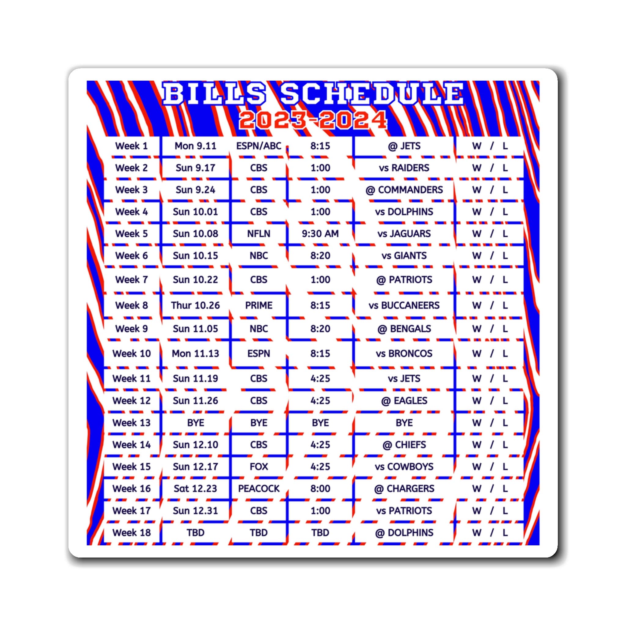 2023 Buffalo Bills Schedule Magnet Buffalo Games Win Lose 