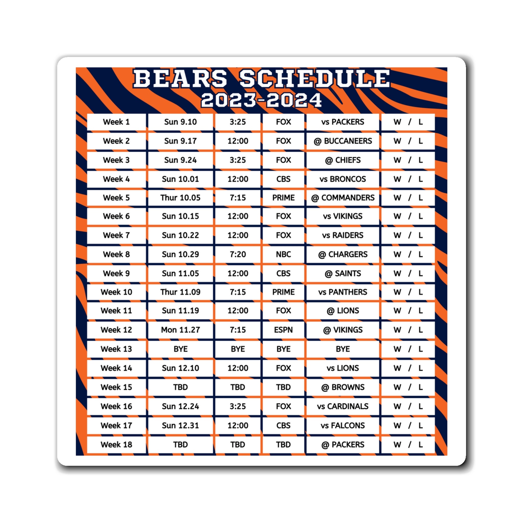 2023 2024 Chicago Bears Schedule 6 X 6 Inches Nfl Football