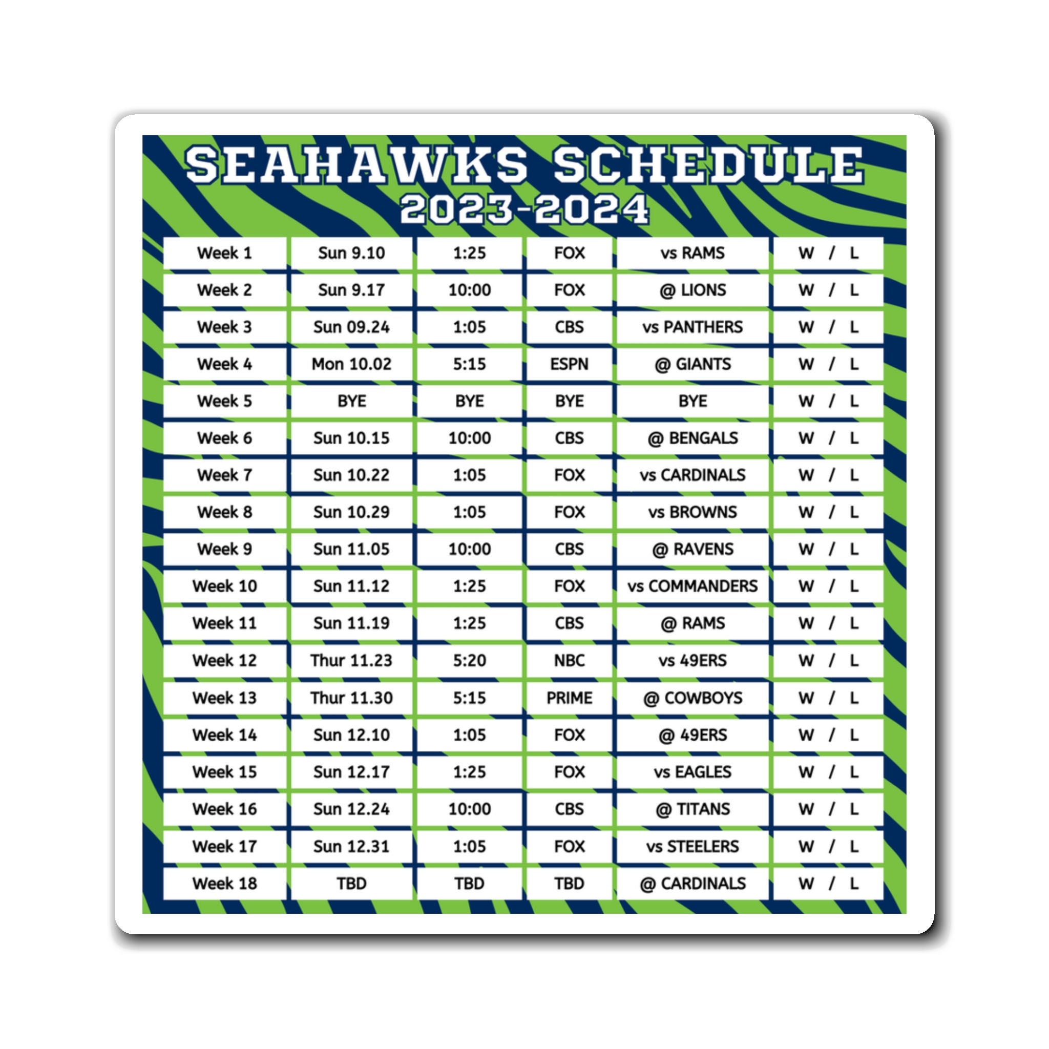 2023 2024 Seattle Seahawks Schedule 6 X 6 Inches Nfl Etsy