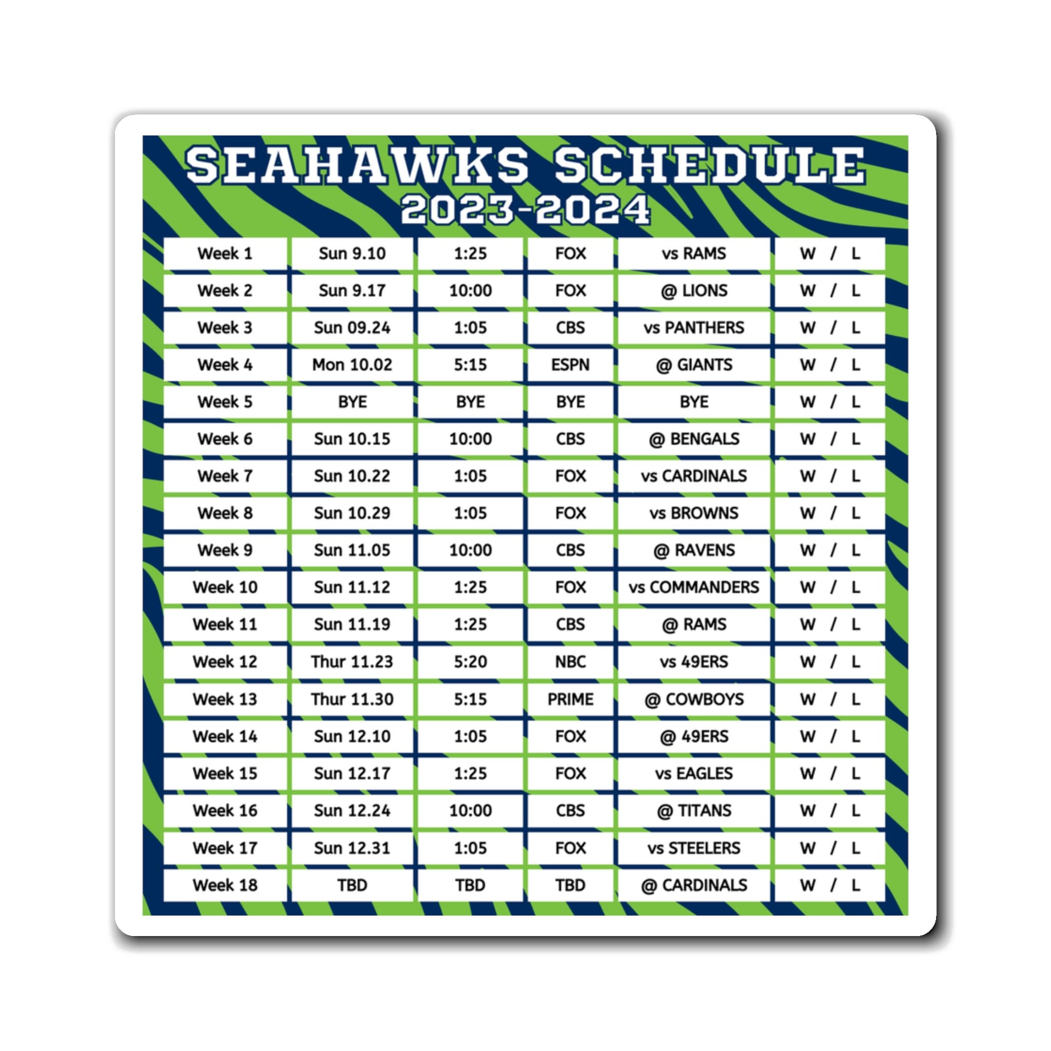 2023 2024 Seattle Seahawks Schedule 6 X 6 Inches Nfl Etsy