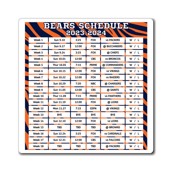 Chicago Bears Schedule Etsy