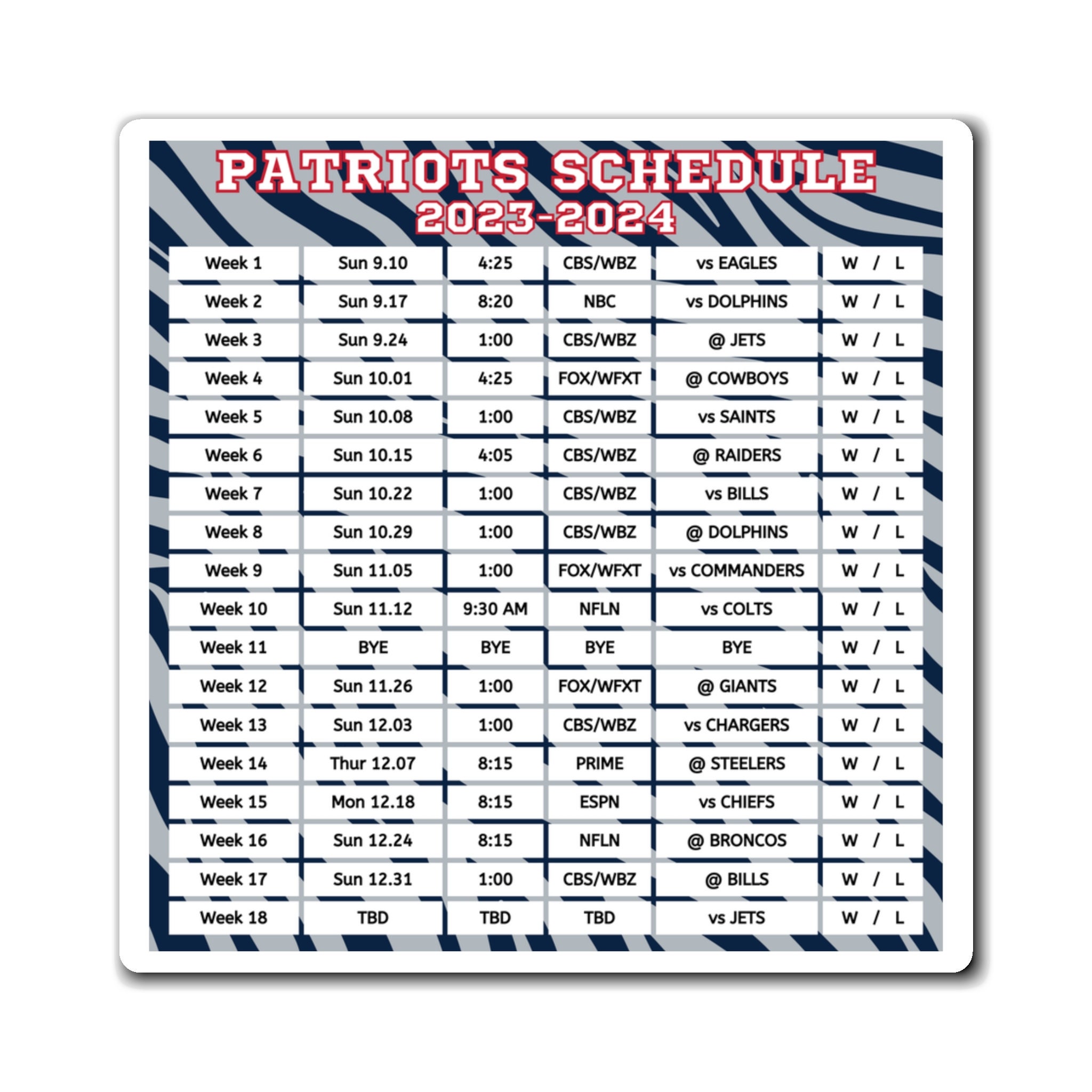 2023 2024 New England Patriots Schedule 6 X 6 Inches Etsy