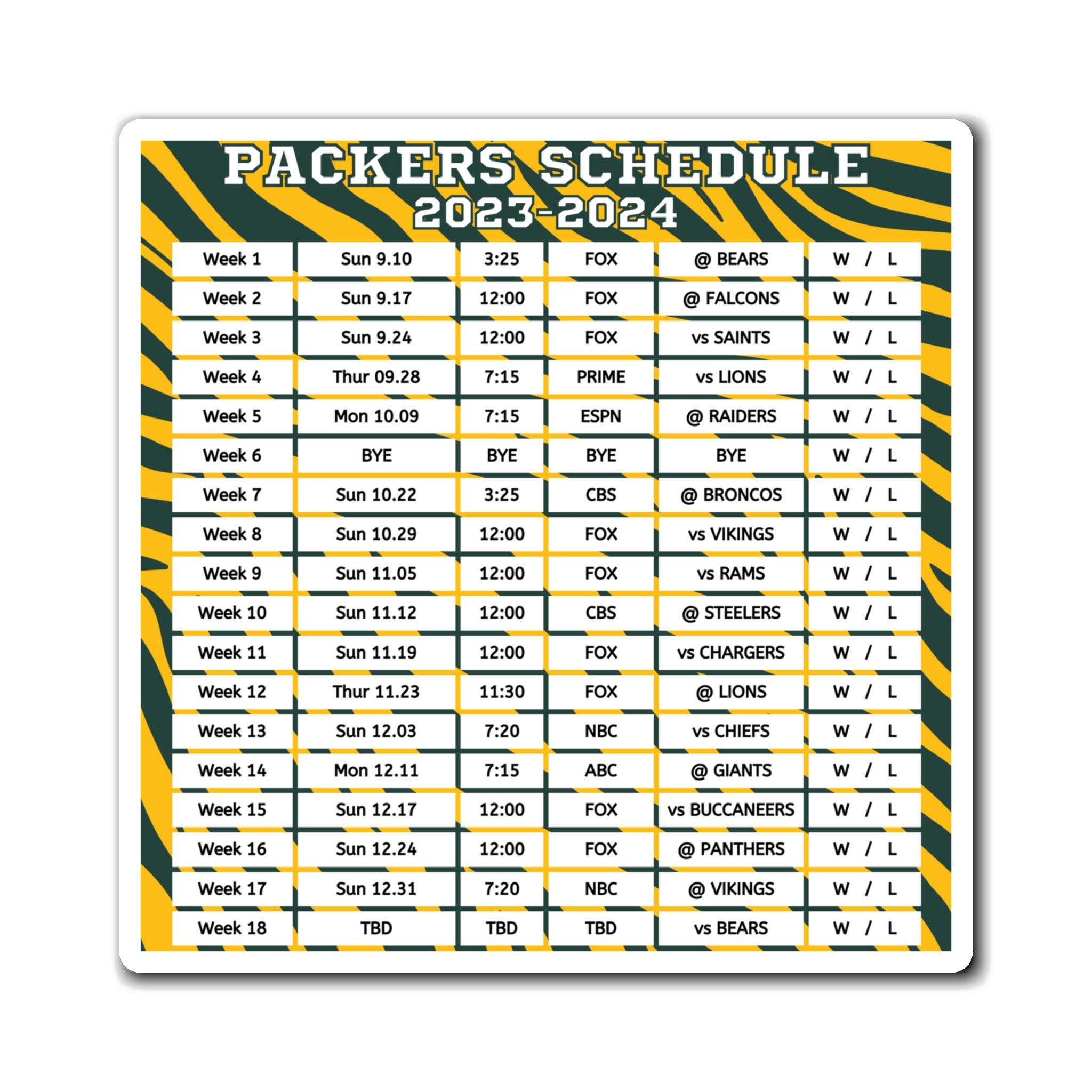 2023 2024 Green Bay Packers Schedule 6 x 6 Inches NFL Etsy.de