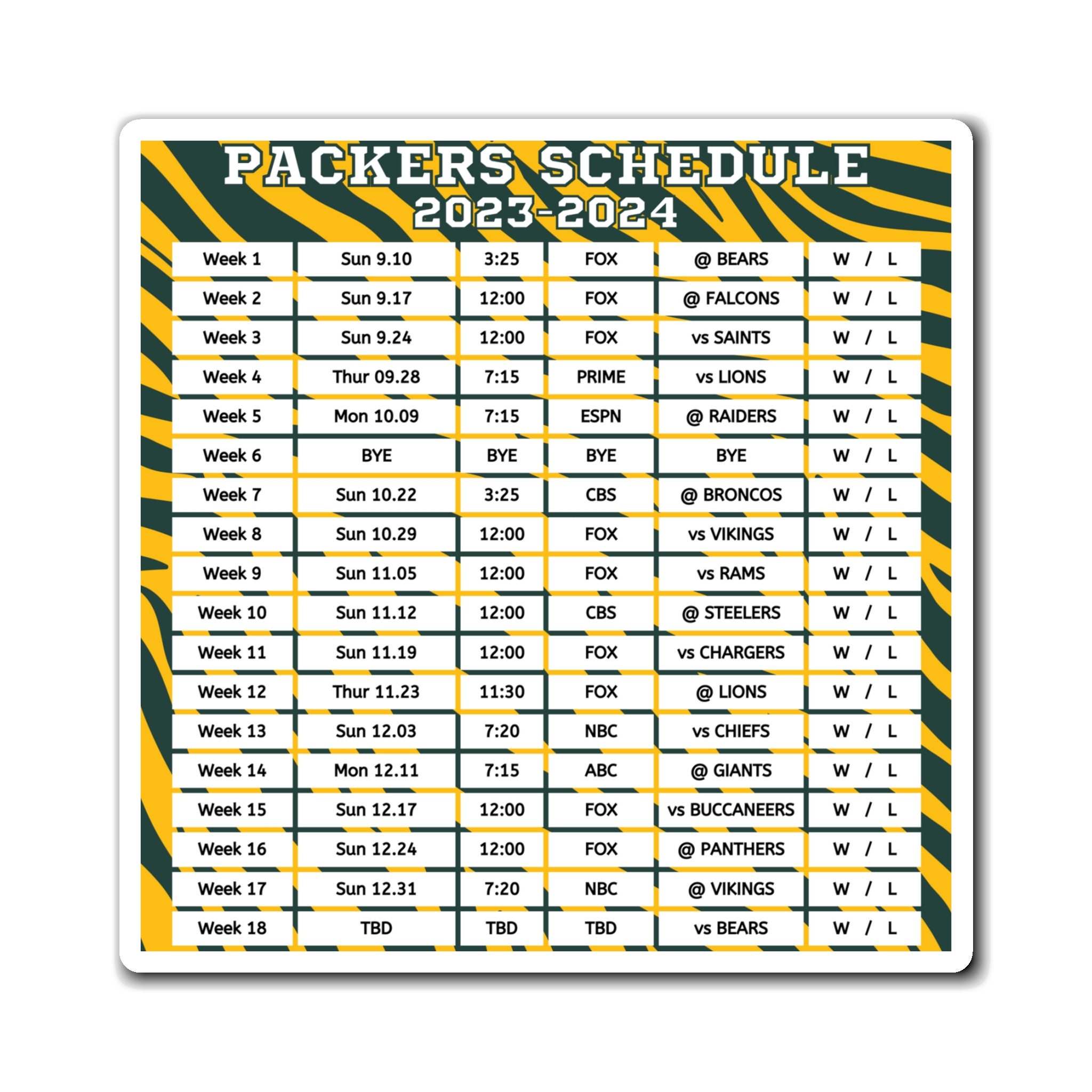 2023 2024 Green Bay Packers Schedule 6 x 6 Inches NFL Etsy.de