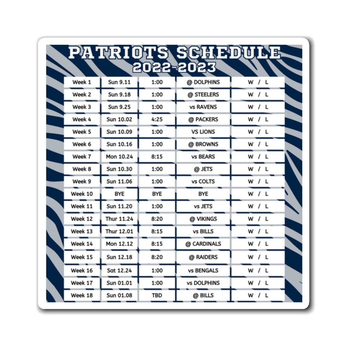 2022 2023 New England Patriots Schedule 6 X 6 Inches Etsy