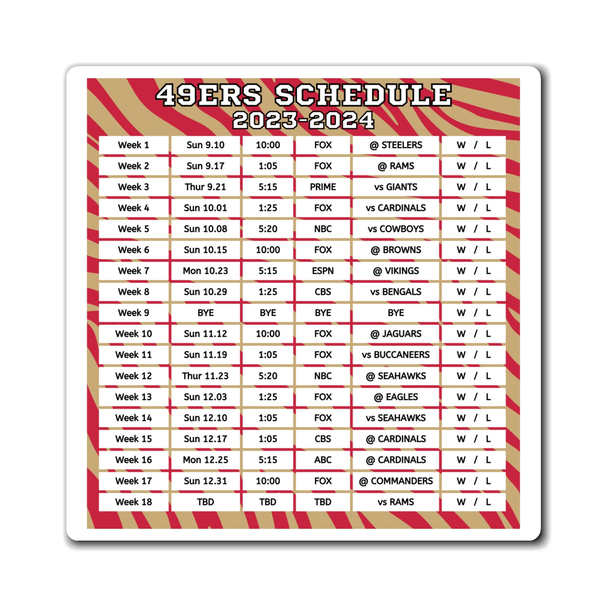 2023 2024 San Francisco 49ers Schedule 6 X 6 Inches Etsy