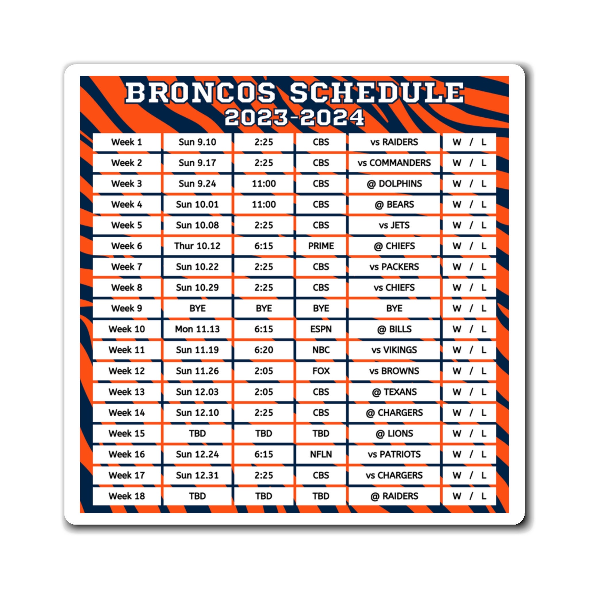 2023 2024 Denver Broncos Schedule 6 X 6 Inches Nfl Etsy